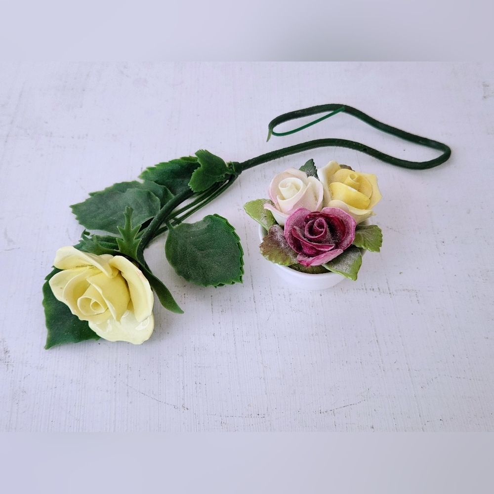 Vintage 2-pc Coalport Bone China Flower Pot & Long Stemmed Rose Set